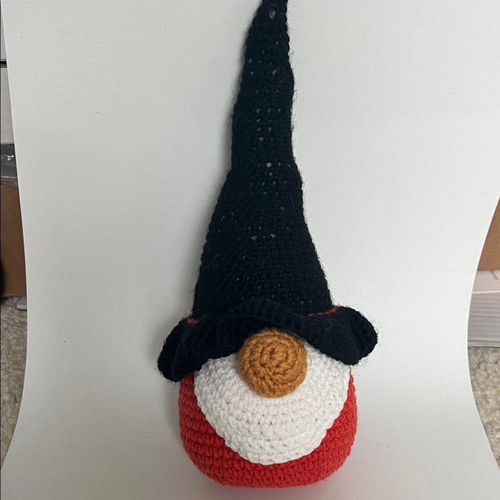 Hand Crafted Black Hat Red and White Crochet Doll